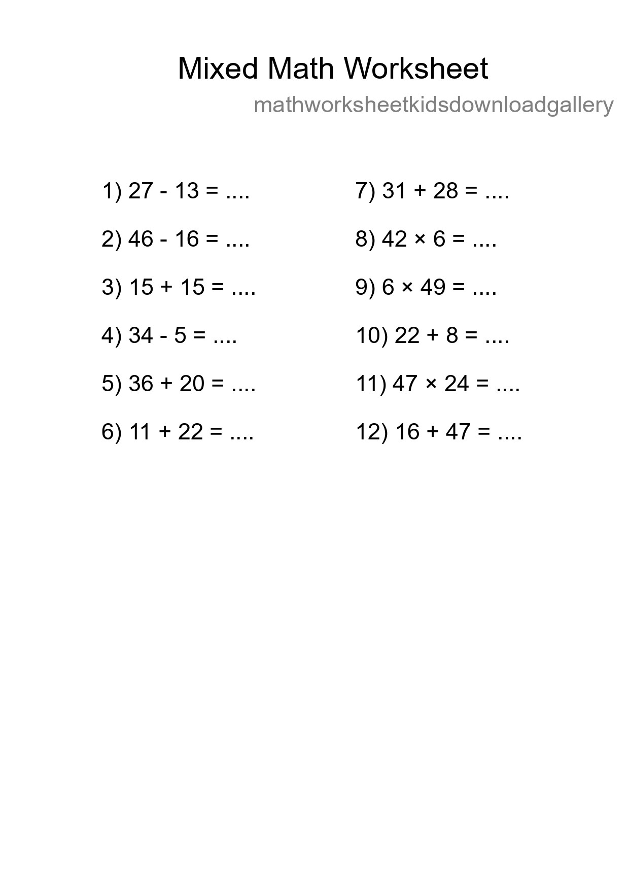 Mixed Operations Math Worksheet