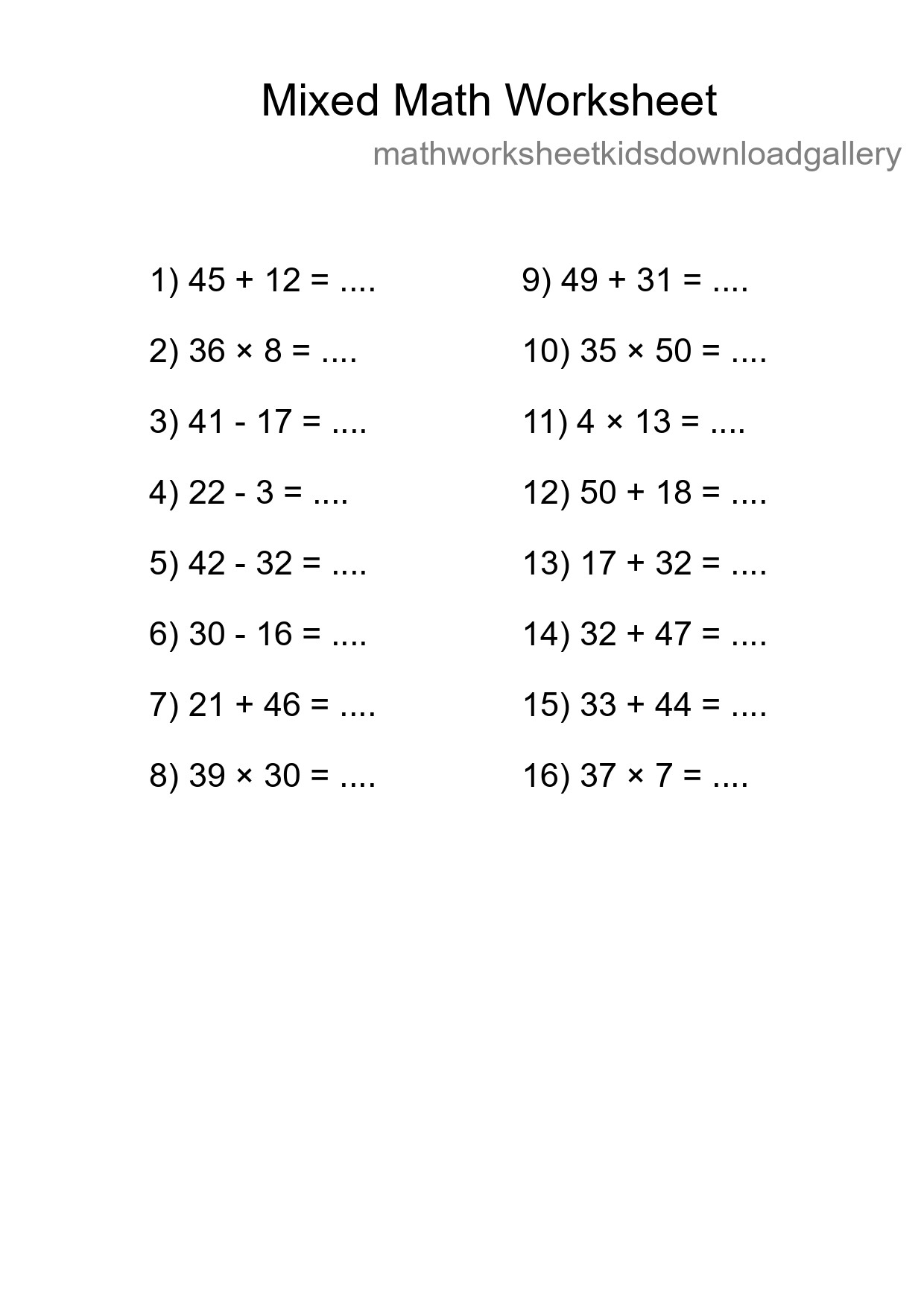 Mixed Operations Math Worksheet