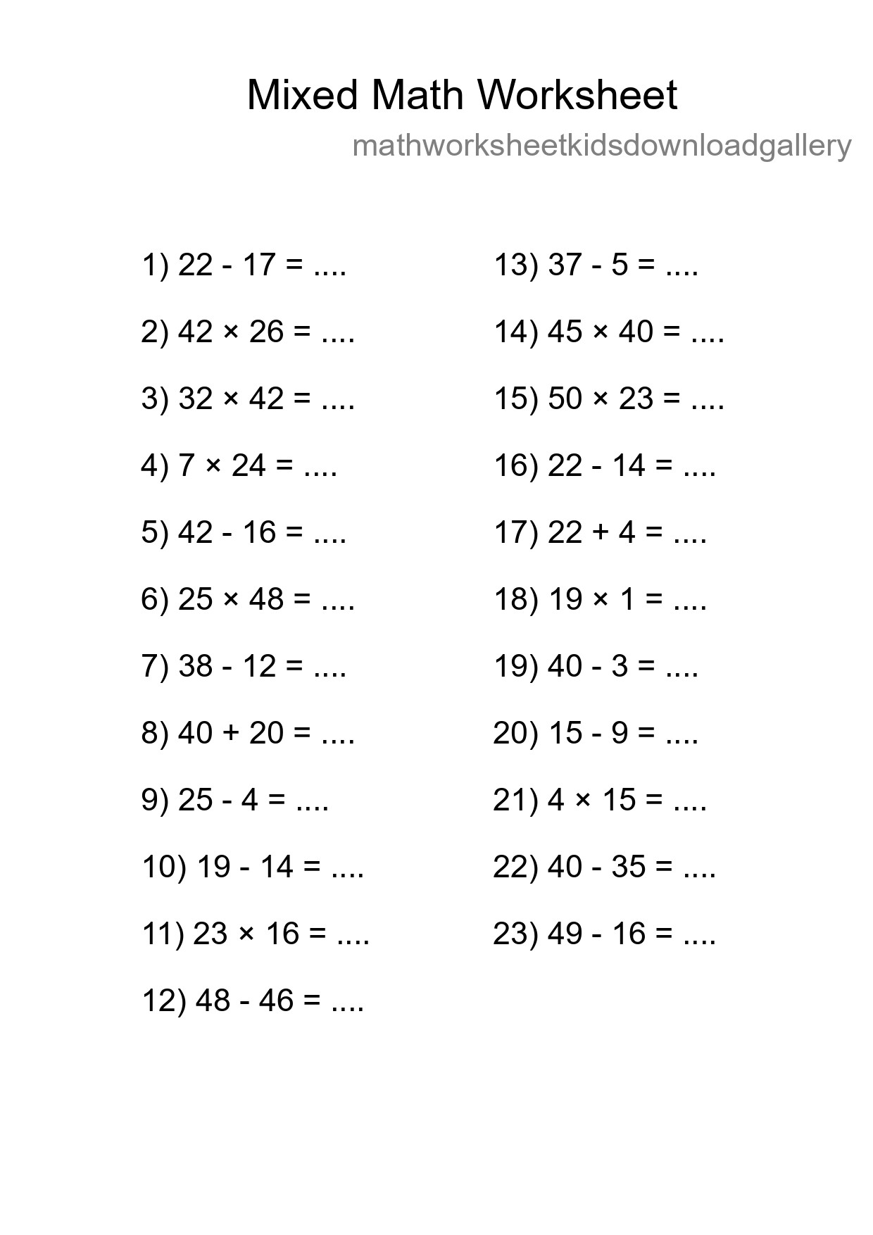 Mixed Operations Math Worksheet