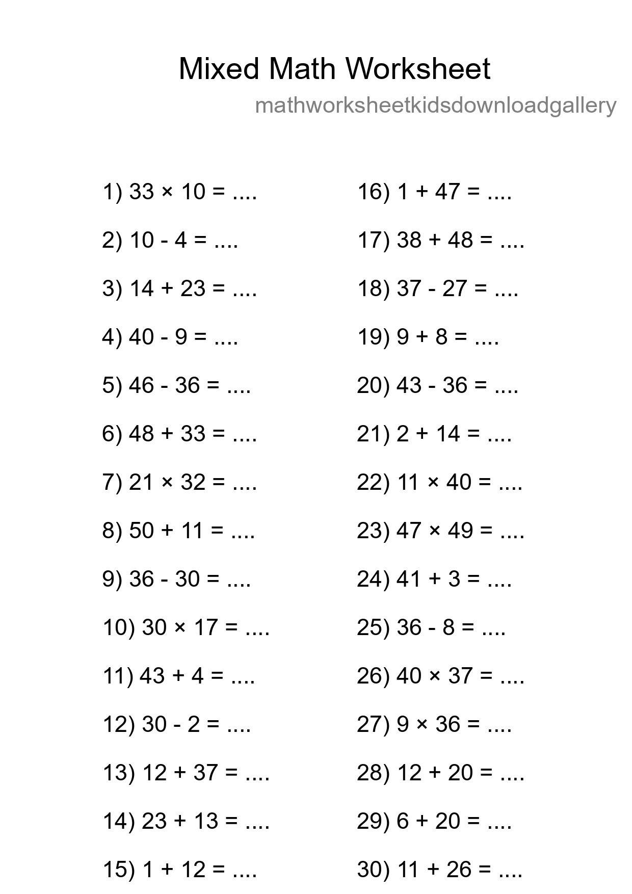 Mixed Operations Math Worksheet