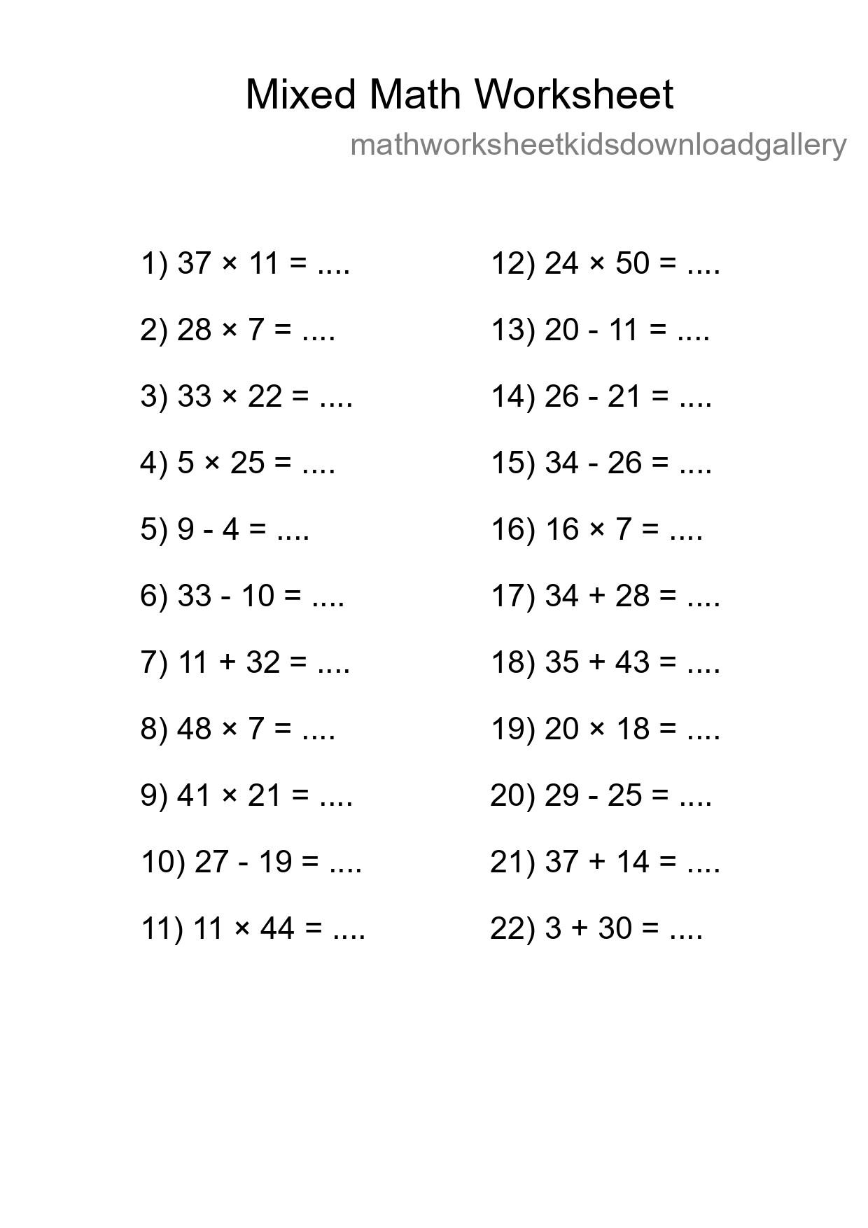 Mixed Operations Math Worksheet