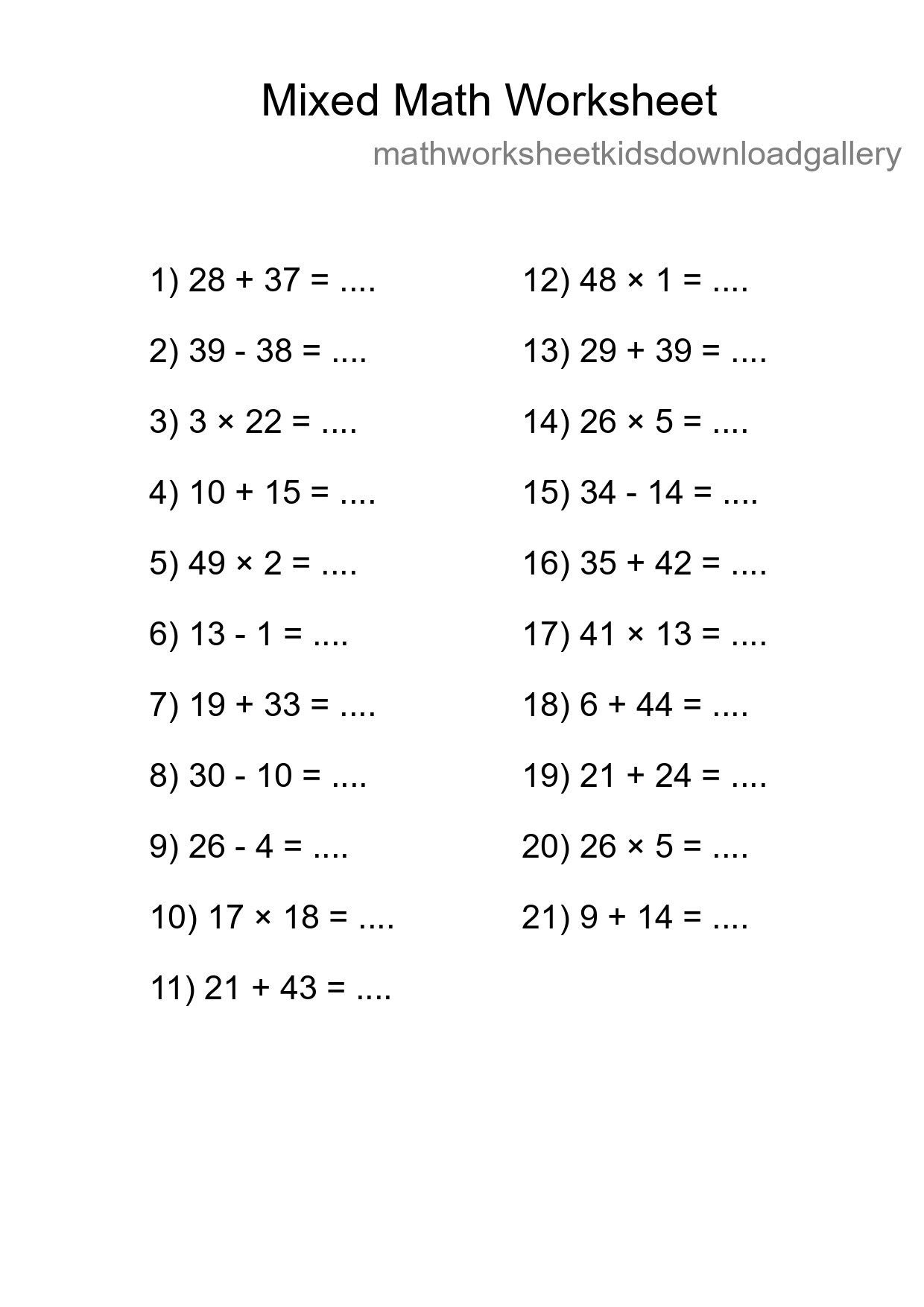 Mixed Operations Math Worksheet