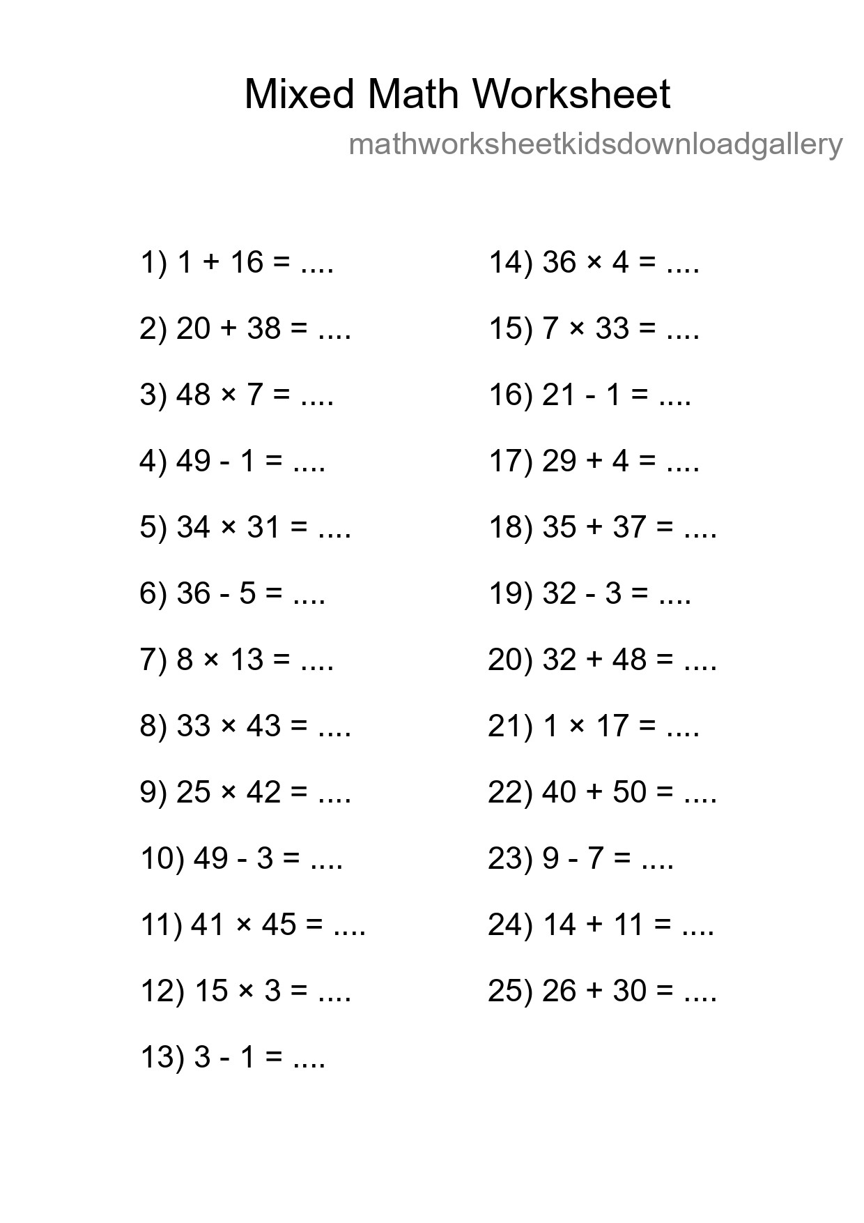 Mixed Operations Math Worksheet