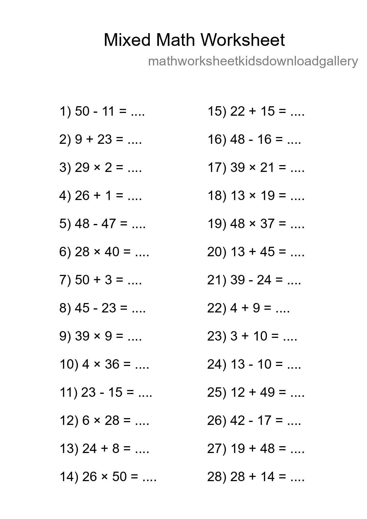 Mixed Operations Math Worksheet