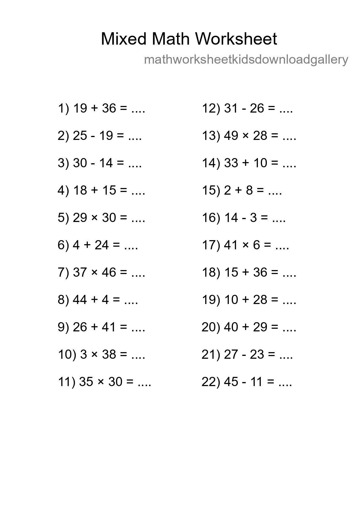 Mixed Operations Math Worksheet