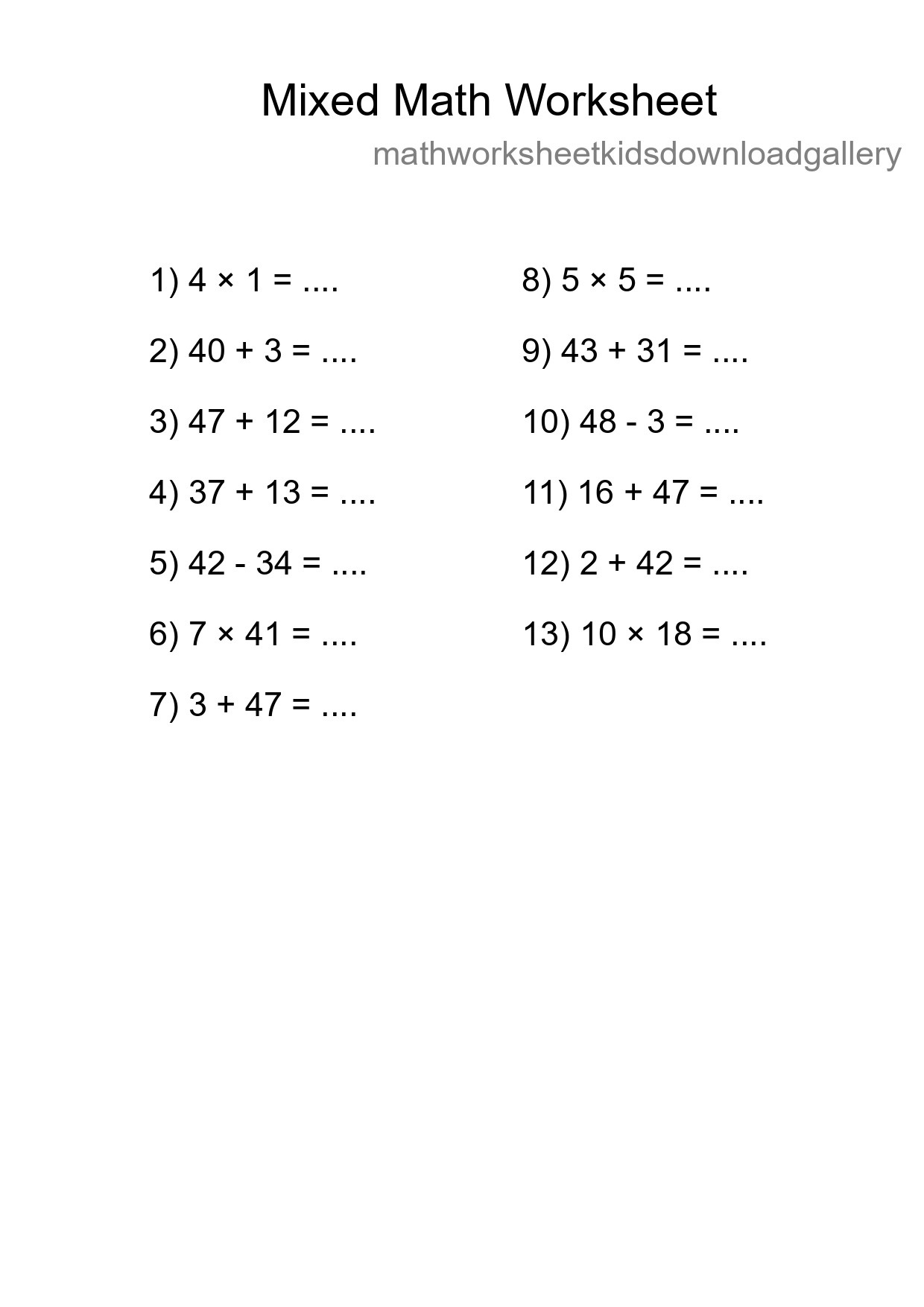 Mixed Operations Math Worksheet