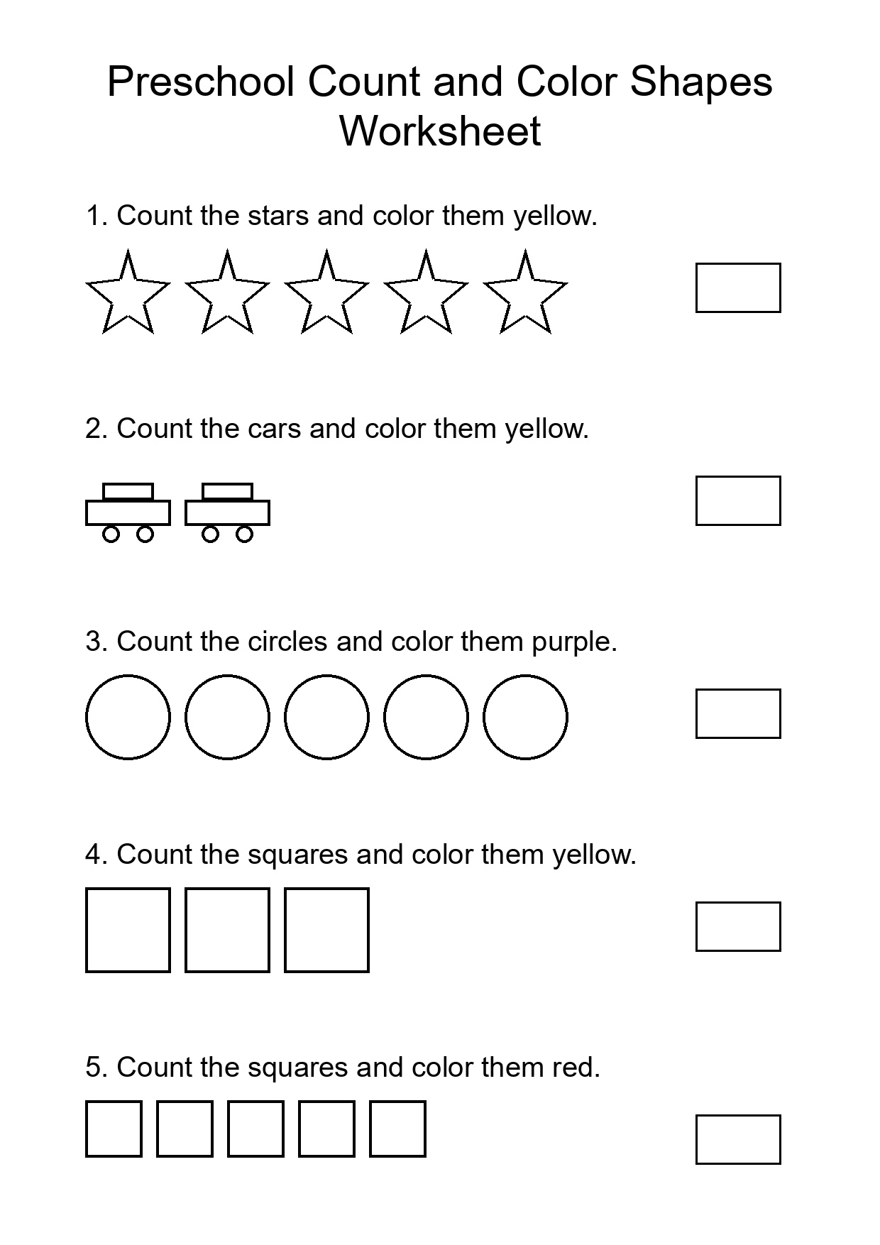 Preschool Count and Color Shapes Worksheet
