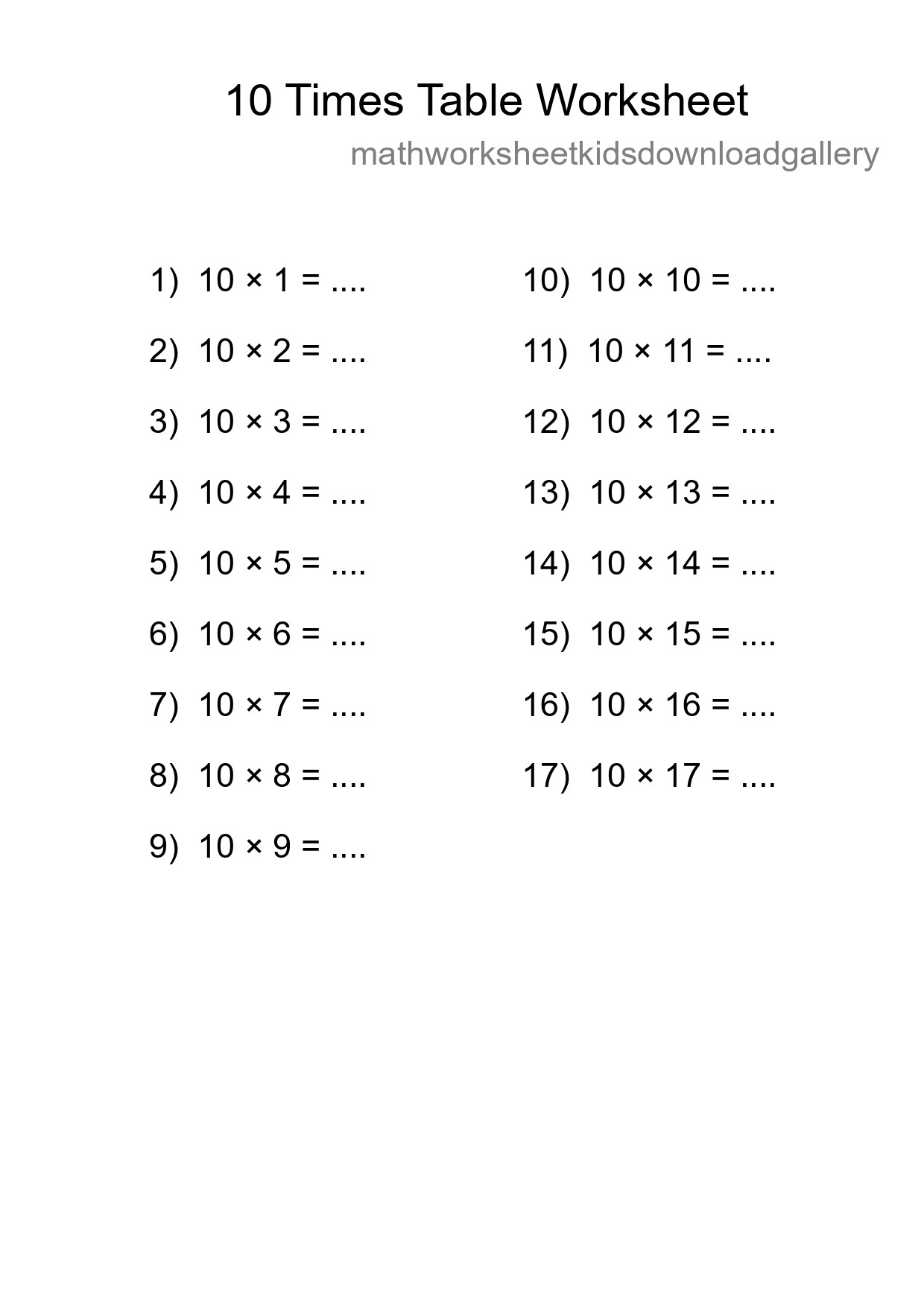 Printable 10 Times Table Worksheet For Grade 3 - Part 163