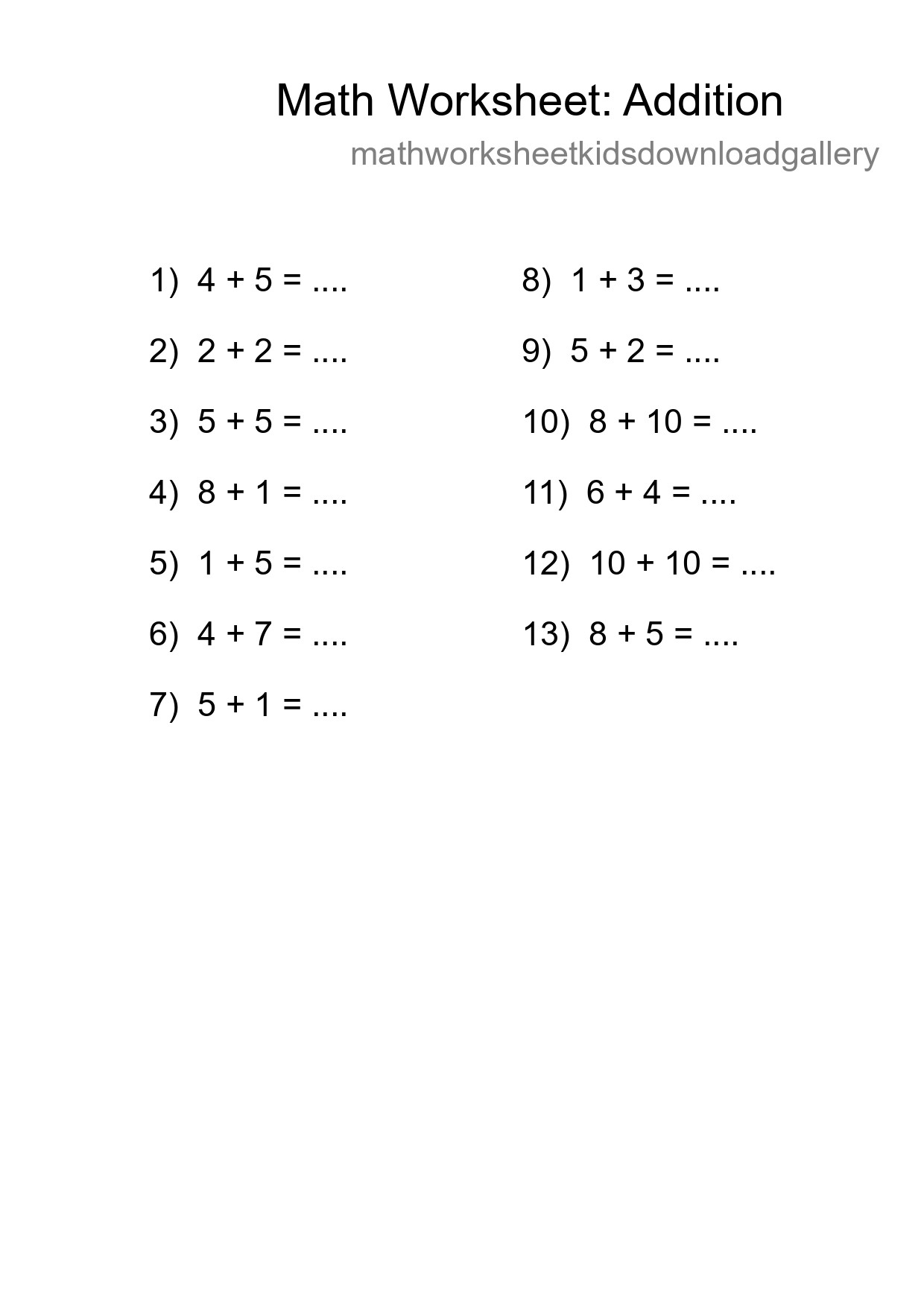Printable Free 13 Addition Math Worksheet For Grade 1 - Part 45