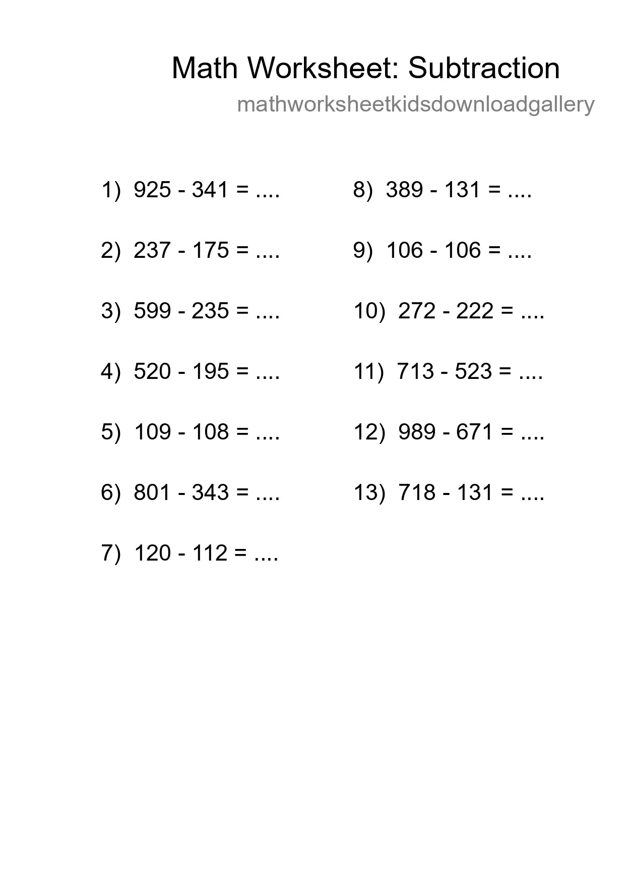 Printable Free 13 Subtraction Math Worksheet For Grade 5 - Part 228