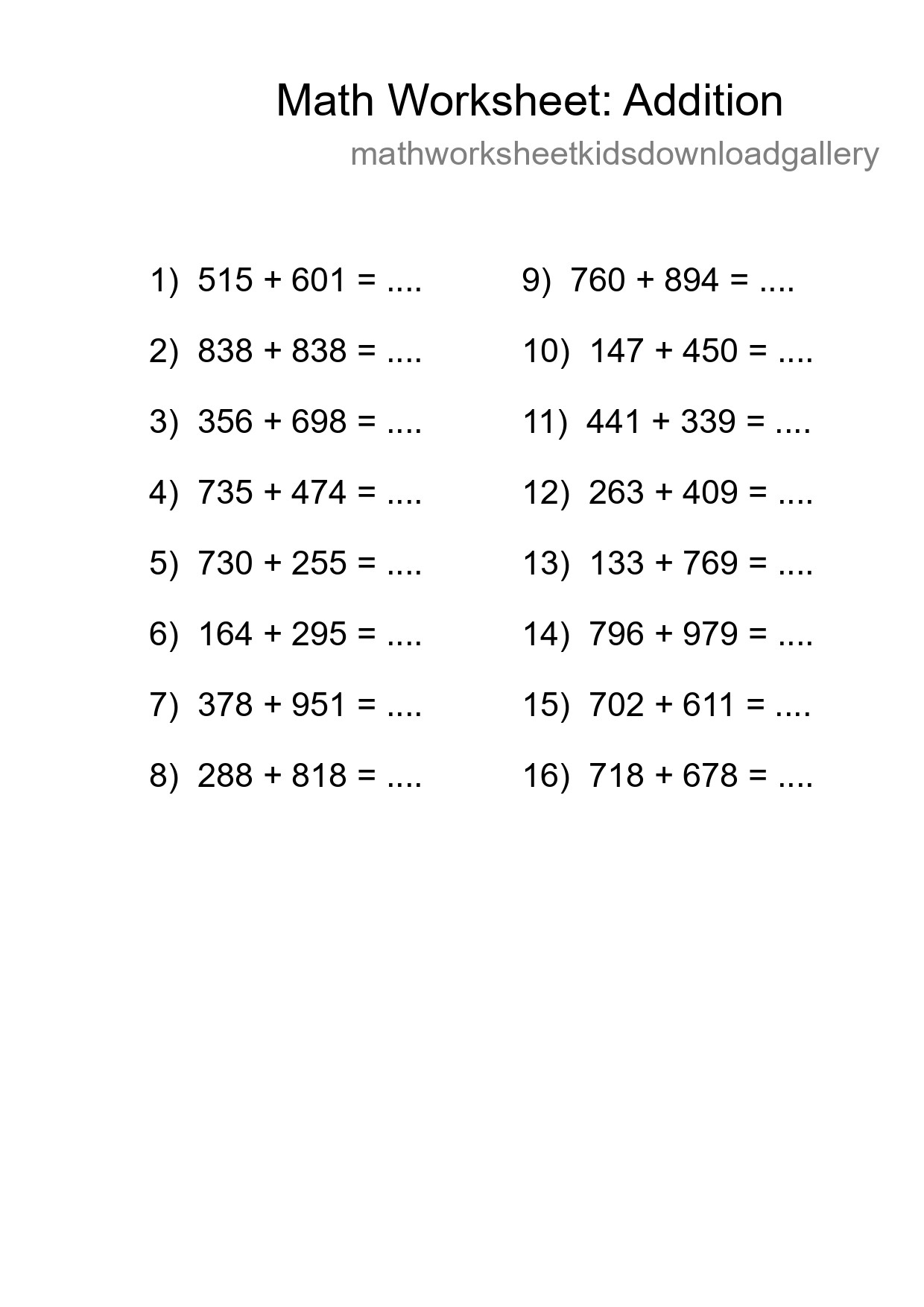 Printable Free 16 Addition Math Worksheet For Grade 5 - Part 133
