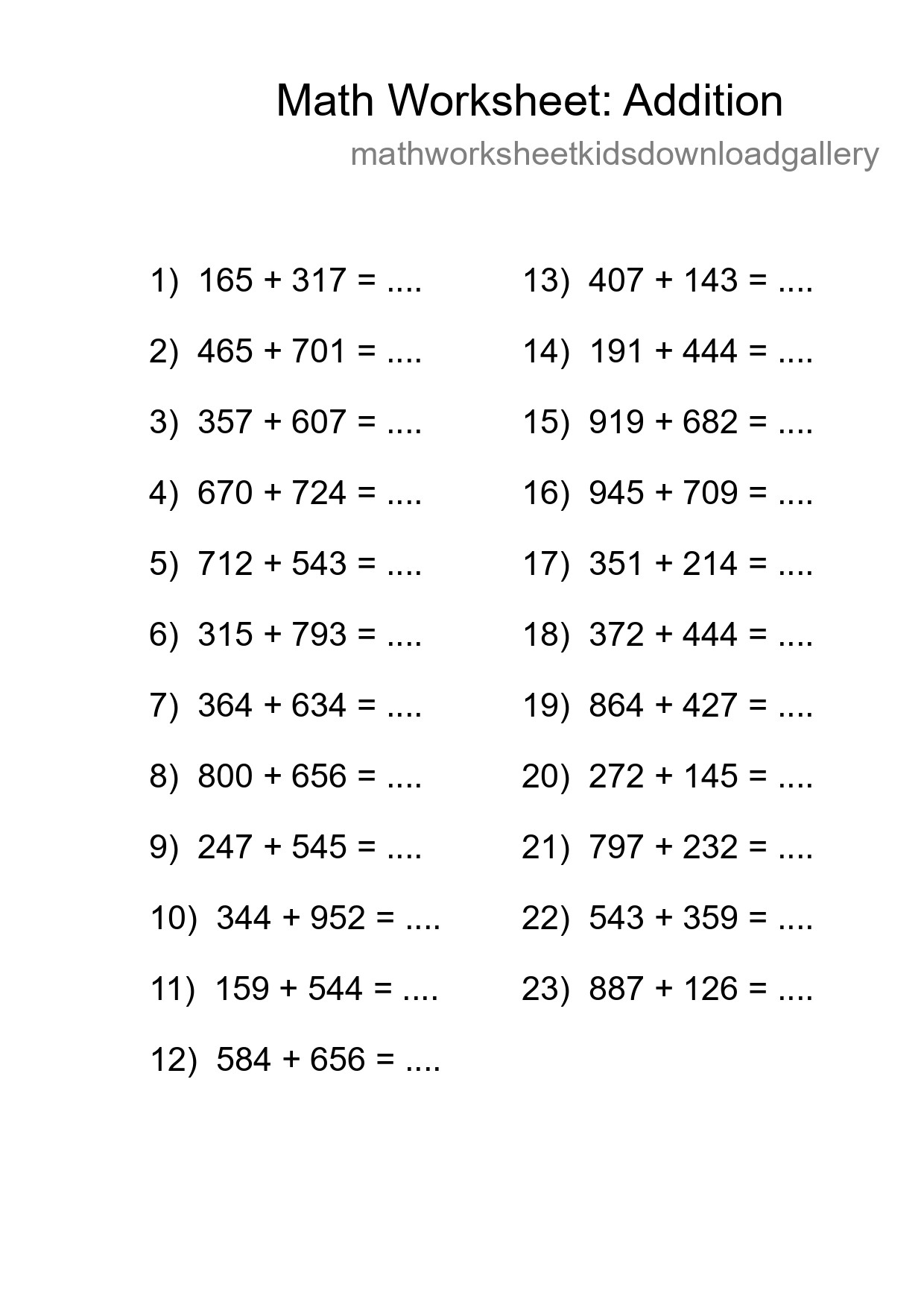 Printable Free 23 Addition Math Worksheet For Grade 5 - Part 232