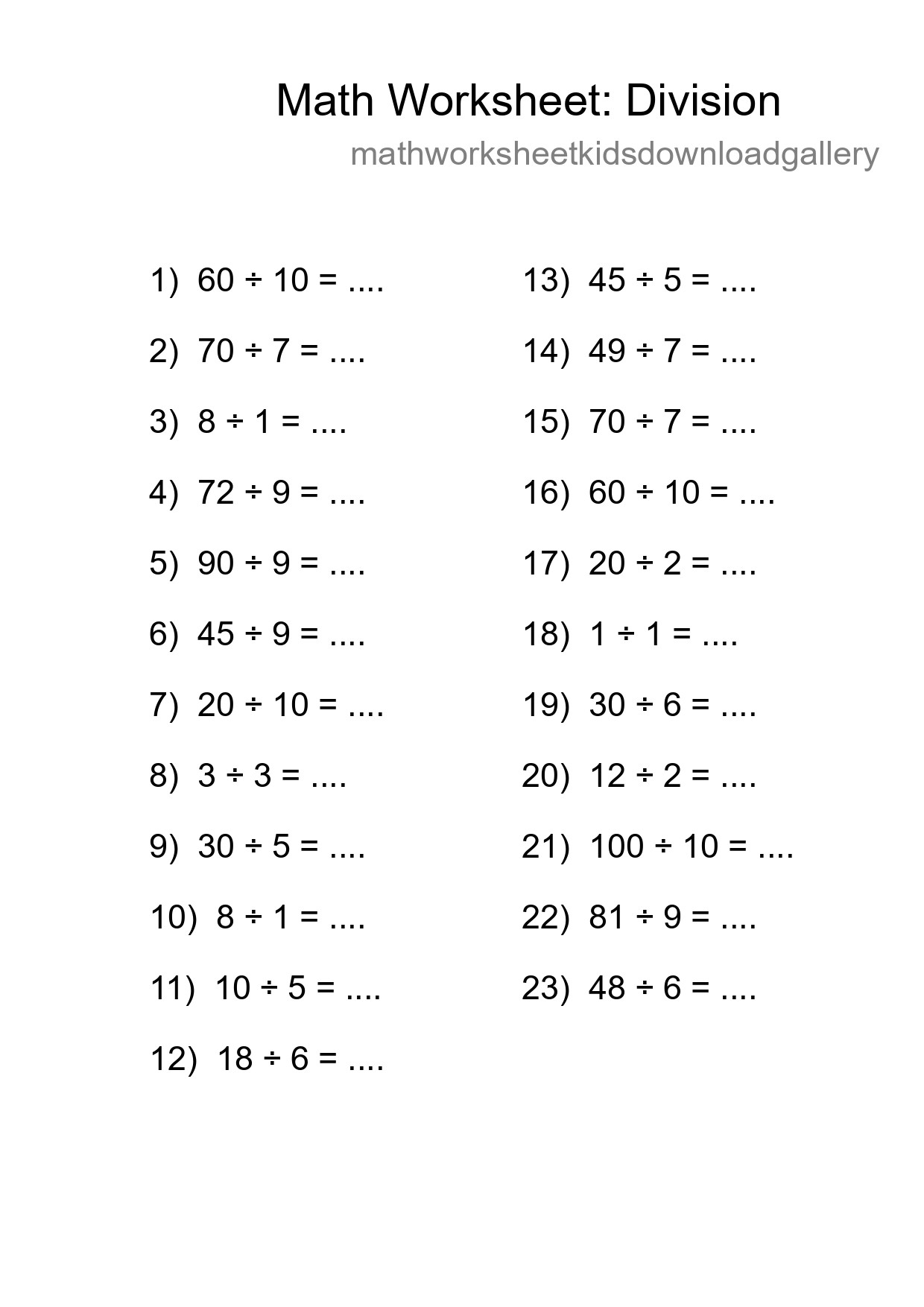 Printable Free 23 Division Math Worksheet For Grade 1 - Part 103