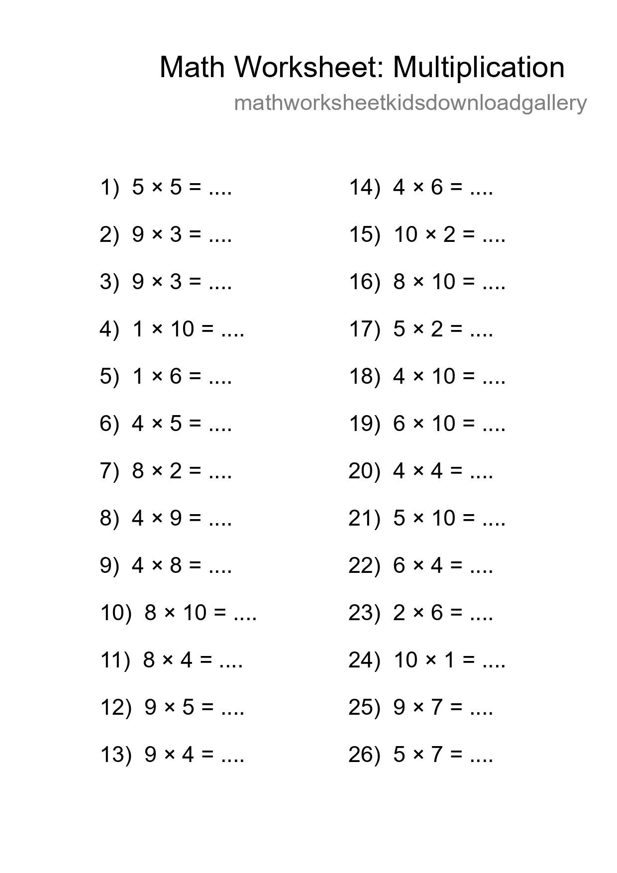 Printable Free 26 Multiplication Math Worksheet For Grade 1 - Part 139